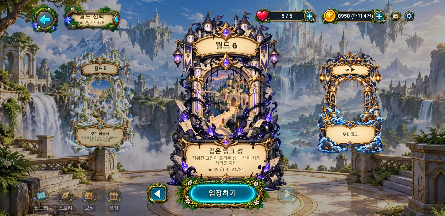 월드 선택 — 월드마다 지워진 그림을 되찾는 모험 — 월드 6 «검은 잉크 성»